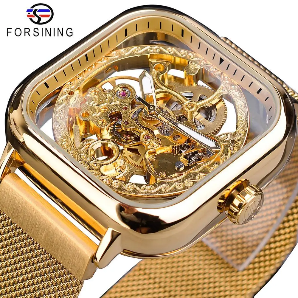 Golden Men Automatic Watch Square Skeleton Mesh Steel Band Mechanical Business Clock