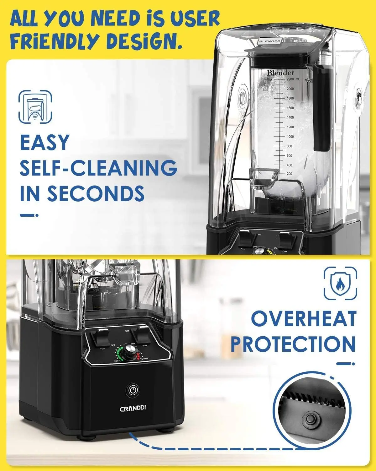 Commercial Blender with Soundproof Shield, 2200 Watt Professional Blenders for Kitchen with 80oz Jar and Self- 4