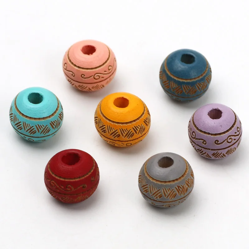 10Pcs 10mm 새겨진 꽃 나무 구슬 여러 가지 빛깔의 라운드 나무 느슨한 구슬 보석 만들기 Diy 의류 봉제 장식 바느질