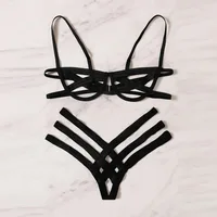 Ensemble de Lingerie harnais de Bondage pour femmes, soutien-gorge élastique ajouré, noir, Cage sans bonnet, string, intimes Sexy, sous-vêtements exotiques 3