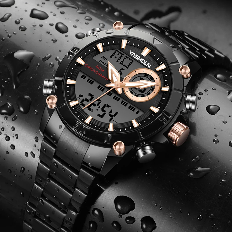 Men Military Sport Wrist Watch Gold Quartz Steel Waterproof Dual Display Male Clock Watches Relogio Masculino 9017