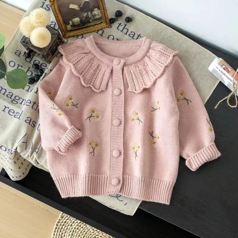 

Korean Baby Girl's Embroidery Sweater Coat Autumn Fashion Cotton Thicken Floral Collar Kids Knitted Warm Cardigan Coat Outerwear