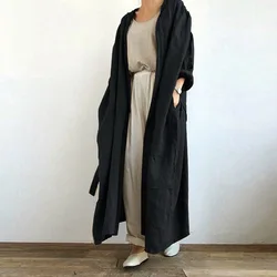 Fashion Women Long Sleeve Open Front Cotton Linen Coat Blouse Vintage Long Cardigan Autumn Solid Shirt Loose Tunic Top Lace Up