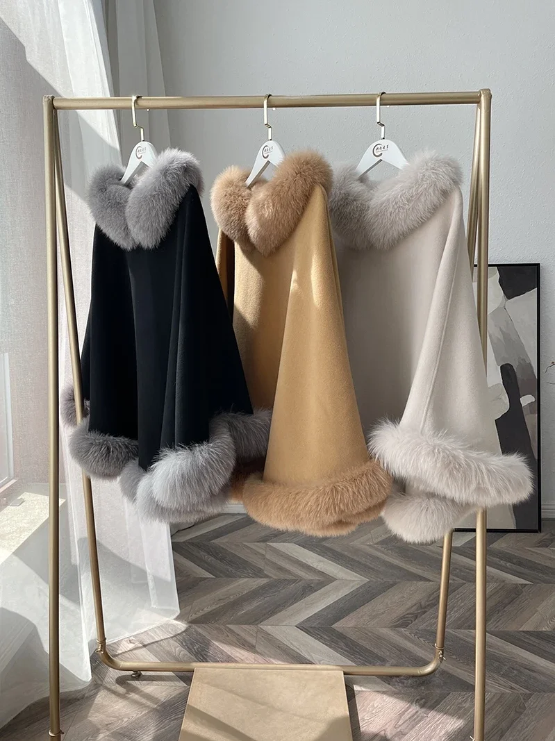 Fox Fur Collar Coat Cloak Fur Loose Woolen Autumn Winter Long Pullover Slim Warm Thick Outerwear Solid Jackets for Women Clothes