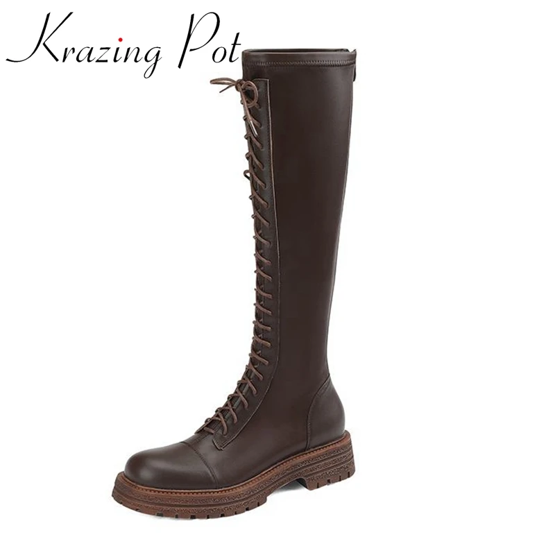 

Krazing Pot Microfiber Round Toe Med Heels Riding Long Boots Thick Bottom Leisure Kpop Style Zipper Cross-tied Thigh High Boots