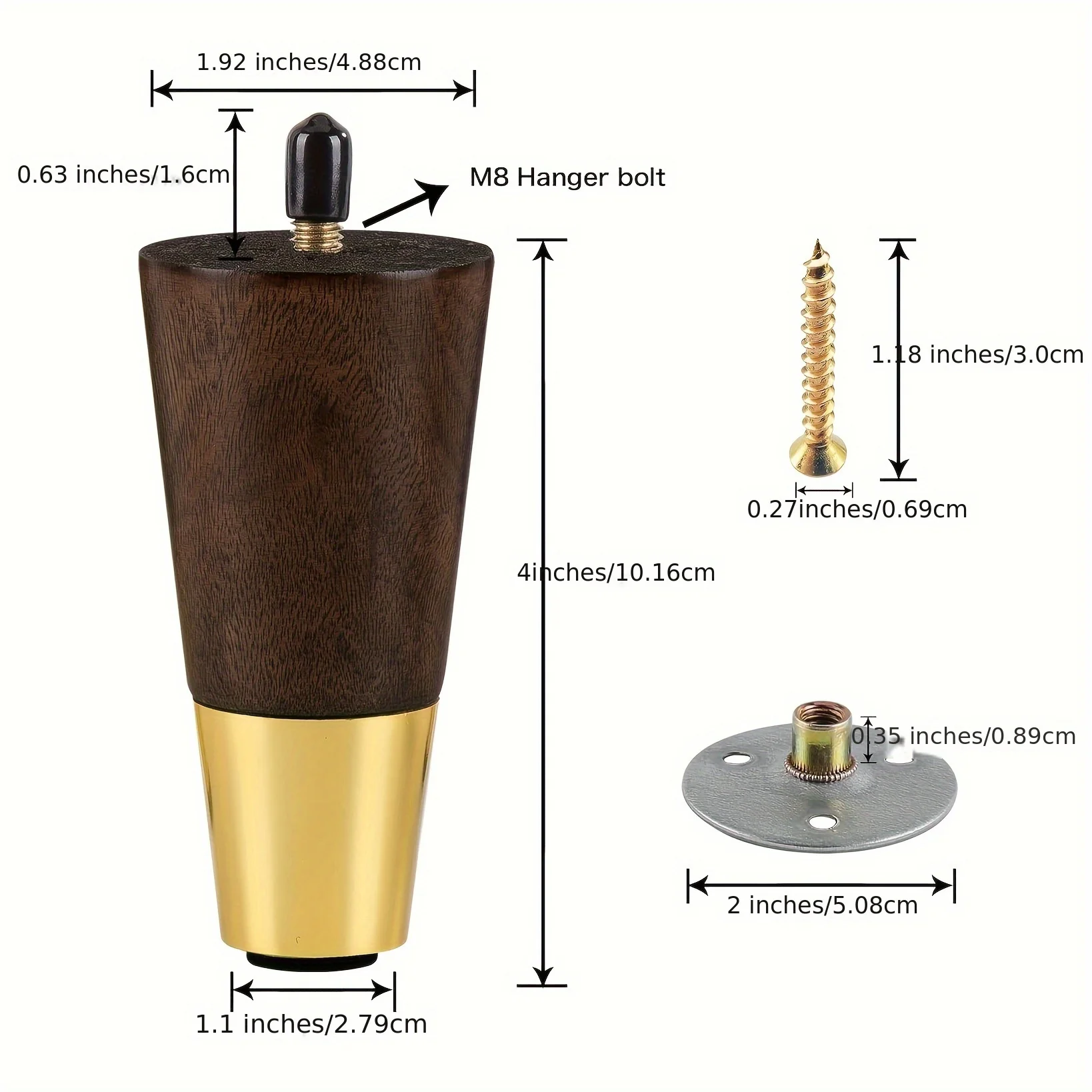 רגלי רהיטי עץ לספה בגודל 4 אינץ' בצבע חום מעוגל, רגליים מודרניות בסגנון המאה התשע-עשרה עם בסיס נחושת להחלפה לארונות