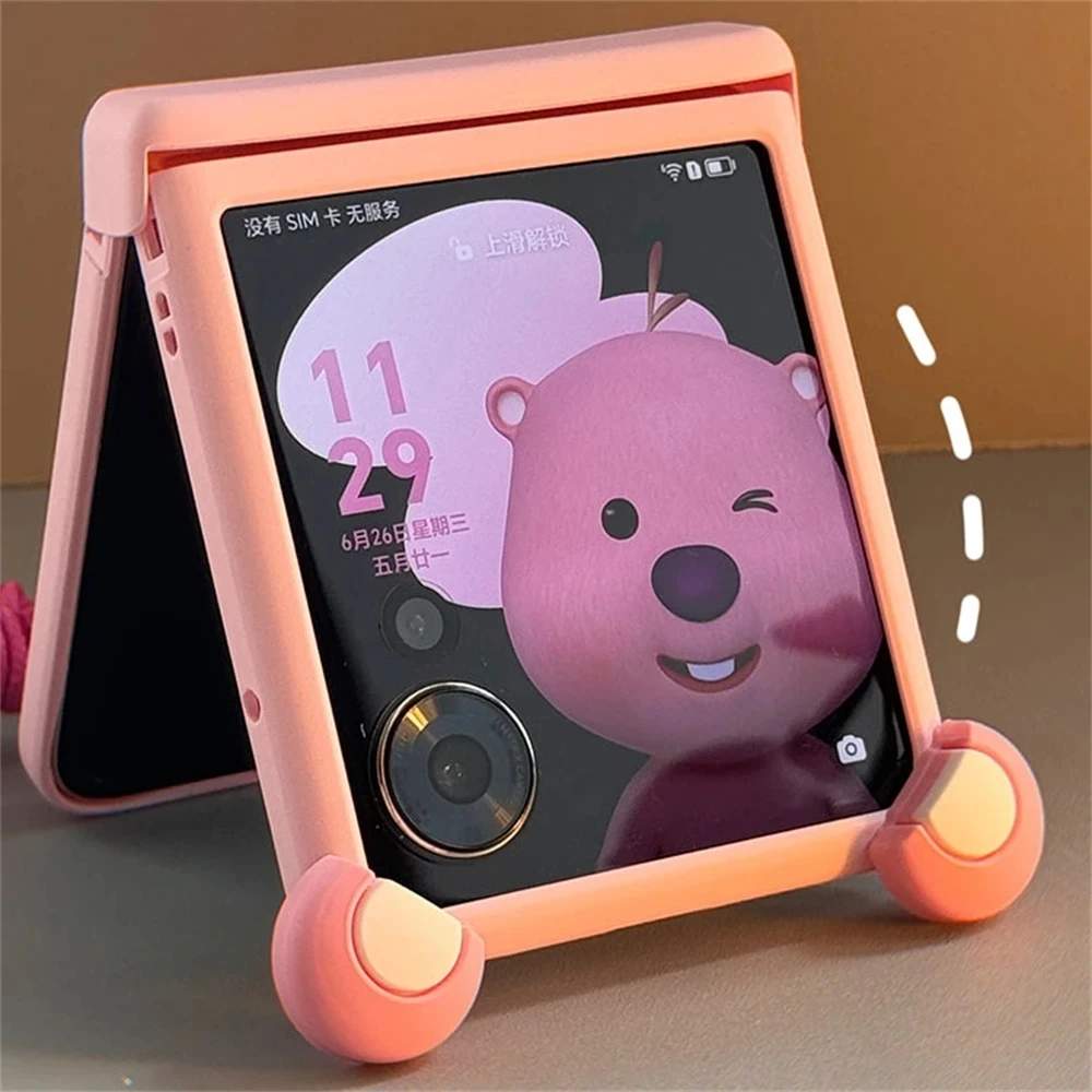 Korean Cute Cartoon Anime Pink Ear Phone Case with Hand Strap Cover