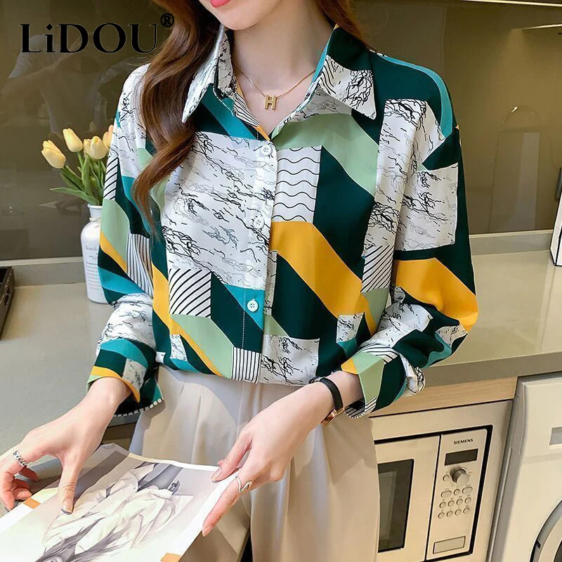 

Spring Autumn Polo-neck Printing Long Sleeve Blouse Ladies Casual Fashion All-match Buttons Top Women Elegant Bottoming Shirt