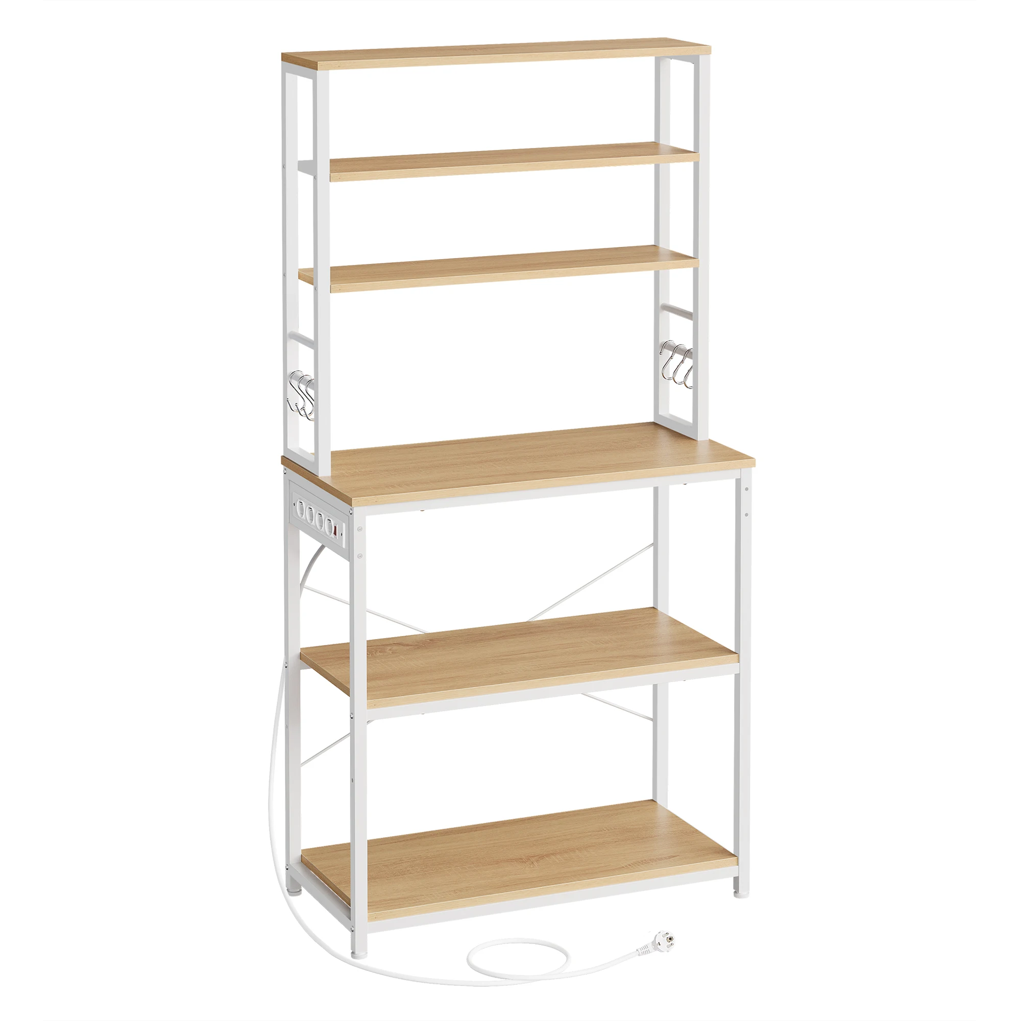 VASAGLE Keukenplank, staand, voor de keuken, voor magnetron, 6 planken en 6 haken, stalen frame, industrieel design, 40 x 80 x 167 cm, kleur eikenwit KKS019W09