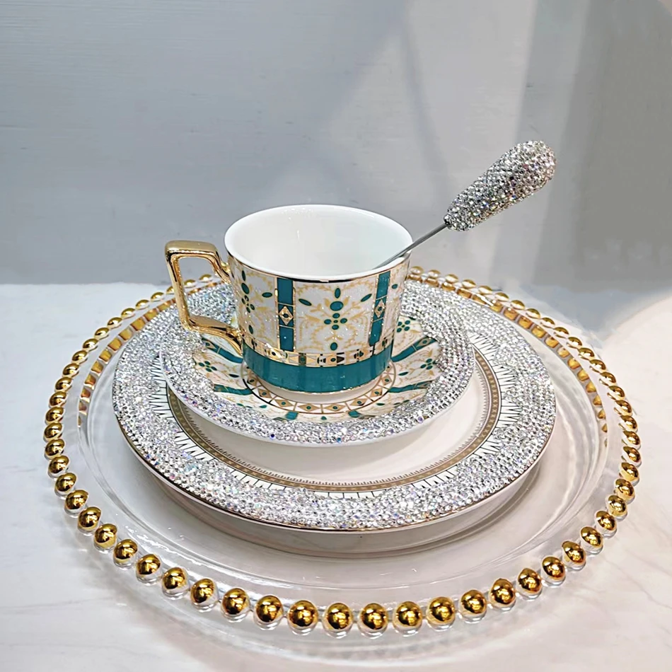 

Ceramic Coffee Cup Phnom Penh Afternoon Teacup With Saucer Rhinestones Spoon Milk Tea Kitchen Drinkware Holder Mugs Gift