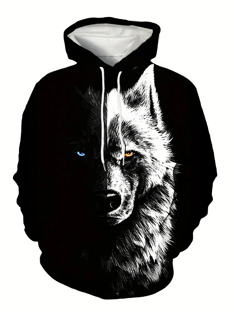 

Wolf and Tiger 3D Printed Men's Creative Hooded Sweatshirt For Men Autumn And Winter Rope Strap Hoodie With Pockets