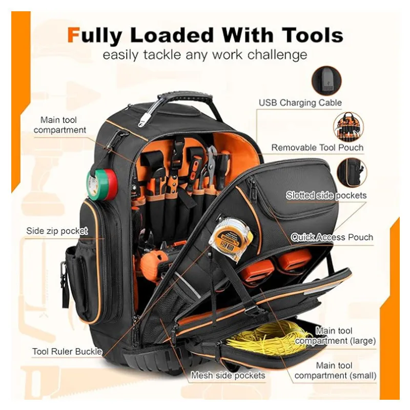 Zaino Porta Attrezzi con Ruote, Borsa Porta Utensili Resistente di Grande Capacità, Organizer Professionale per Elettricisti - immagine 3