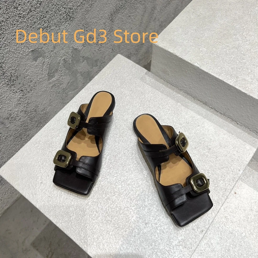 

2024 New Square Toe Open Toe Sandals, Thin Heel Metal Buckle High Heel Sandals, Classic Versatile Flat Outsider Slippers