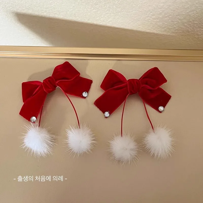 여아용 빨간 리본 헤어 클립 귀여운 하트 공주 머리핀 어린이 겨울 한국 스타일 달콤한 헤어 액세서리 새해 어린이용 액세서리