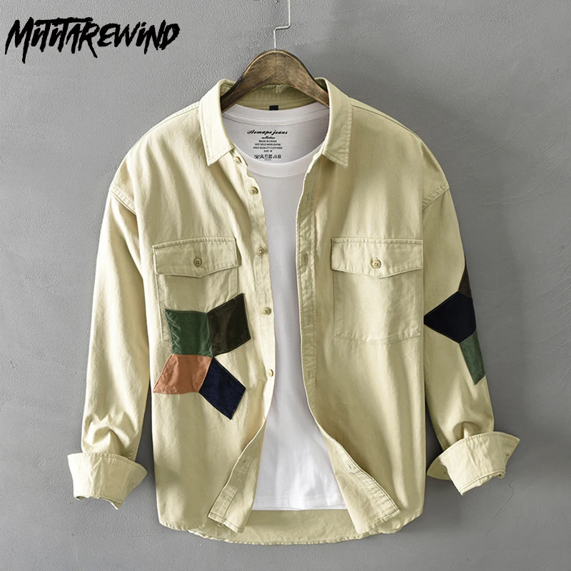 

New Mens Long Sleeve Cargo Shirts Personality Patchwork Design Shirt Pure Cotton Causal Loose Shirts Youth Streetwear Trend Top