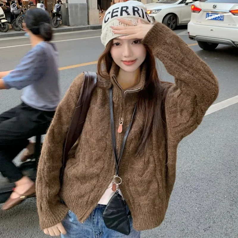 New Fashion Autumn and Winter Women's Turn Down Collar Zipper Long Sleeve Sweater Casual Straight Cardigan Knitwear Office Top