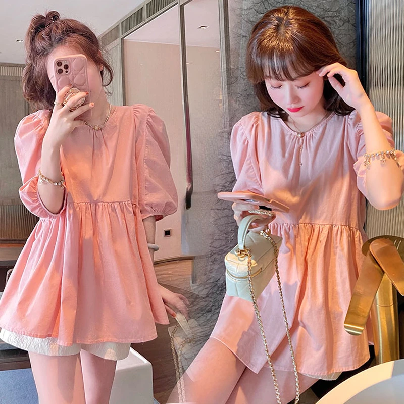 2024 Summer Maternity Pink Shirts Puff Sleeve O-neck Bowknot Hollow Out Backside Pregnant Woman Blouses Sweet Pregnancy Top Tees