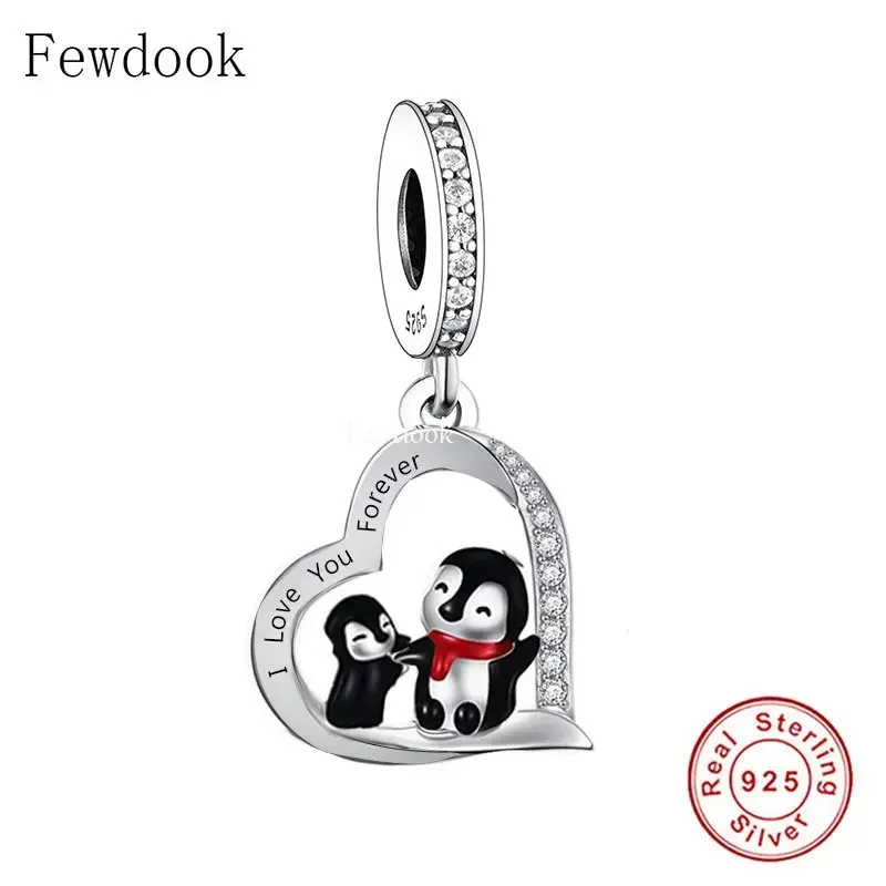 Fit Original Charm Bracelet 925 Sterling Silver Penguin Mum Dad and Baby Heart Dangle Bead For Making Women Family Berloque New 5