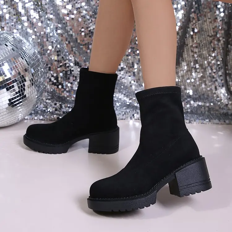 Women's Suede Platform Ankle Boots Round Toe Block Heel Casual_voghion.com