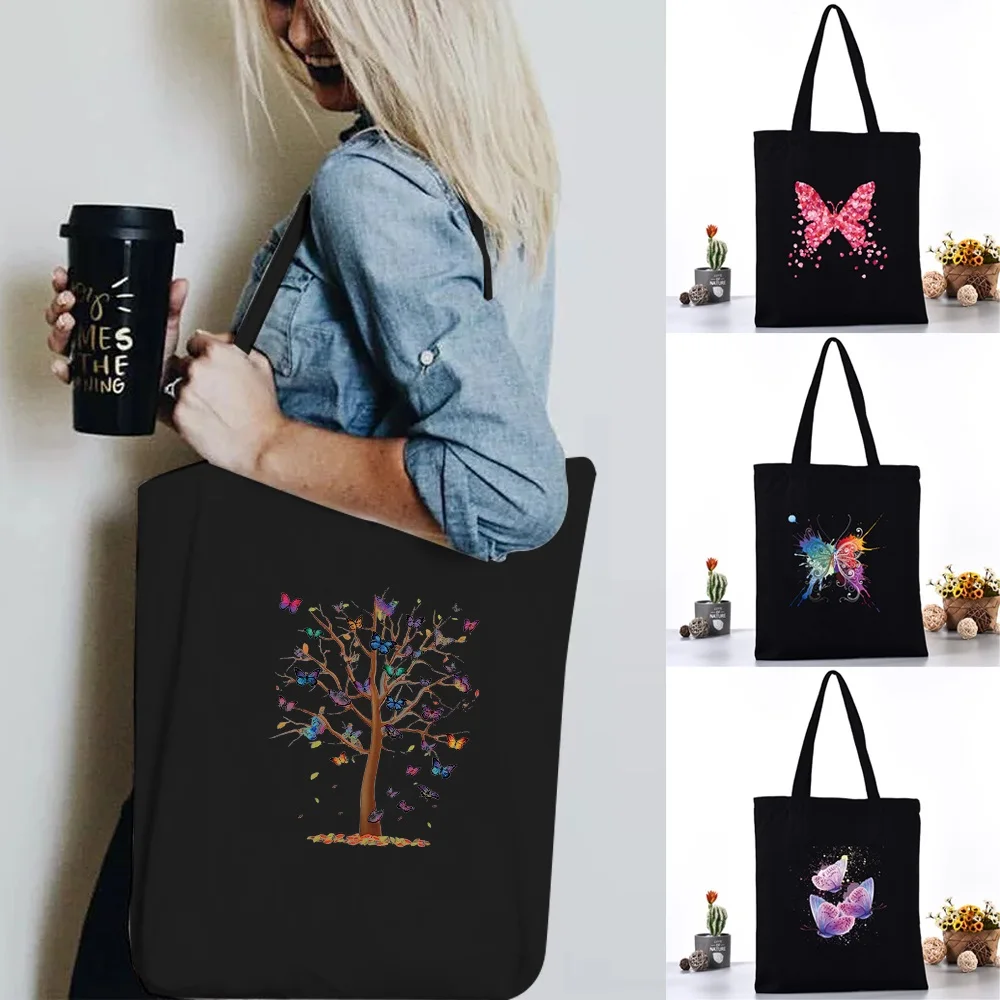

Women Canvas Shoulder Bag Reusable Shopping Bags Ladies Butterfly Printing Handbags Casual Tote Grocery Storage Bag for Girls