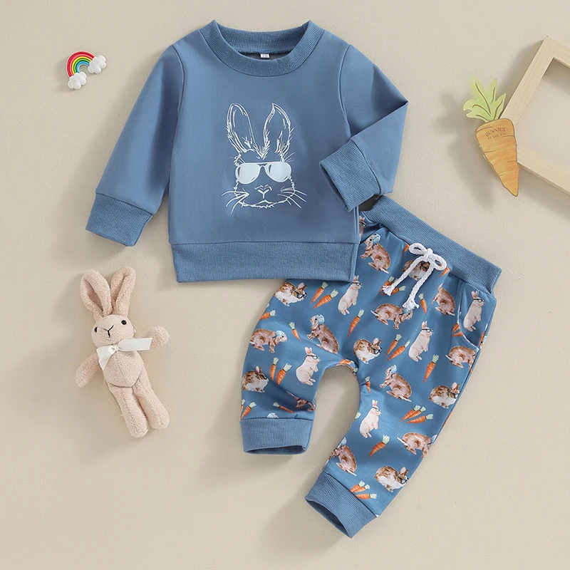 FOCUSNORM 0-3Y Autumn Toddler Boys Easter Clothes Sets 2pcs Long Sleeve Cartoon Rabbit Print Sweatshirt Carrot Pants