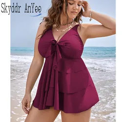 2024 Plus Size Two Piece Tankini Set Woman Swimsuit Knotted Front Ruffle Swim Dress Abdomen Control Chubby Swimwear 2 Pieces