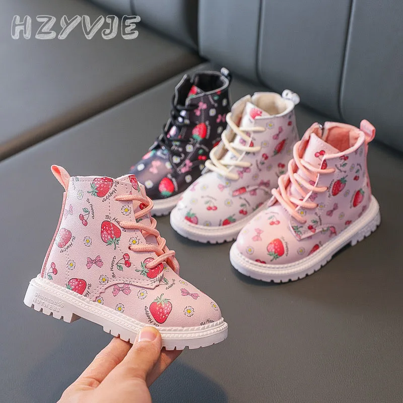 Autumn Winter Girls Fashion Keep Warm PU Leather Boots Baby Girls Martin Boots Cute Strawberry Print Short Boots Princess Shoes