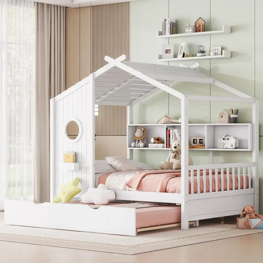 House Platform Bed for Kids Trundle Storage Shelf Wooden Low Bedframe Roof Window Guard Rails White