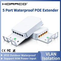 HORACO 5 Port Waterproof POE Extender 4 Port Repeater 100/1000Mbps Outdoor Network IP55 VLAN 44-57V for POE Camera Wierless AP 1