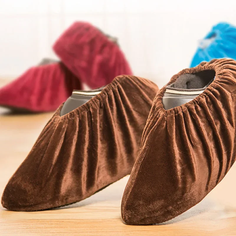 Shoe Covers 2pcs/Set Flannel Non-slip Solid Color Washable Reusable Keep Floor Cleaning Indoor