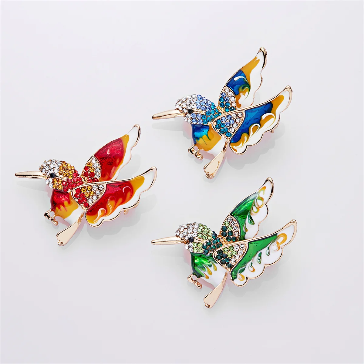 Broche Vintage Colibri – Émaux Vert, Bleu, Violet Avec Strass Rouge – Bijou Fantaisie K6