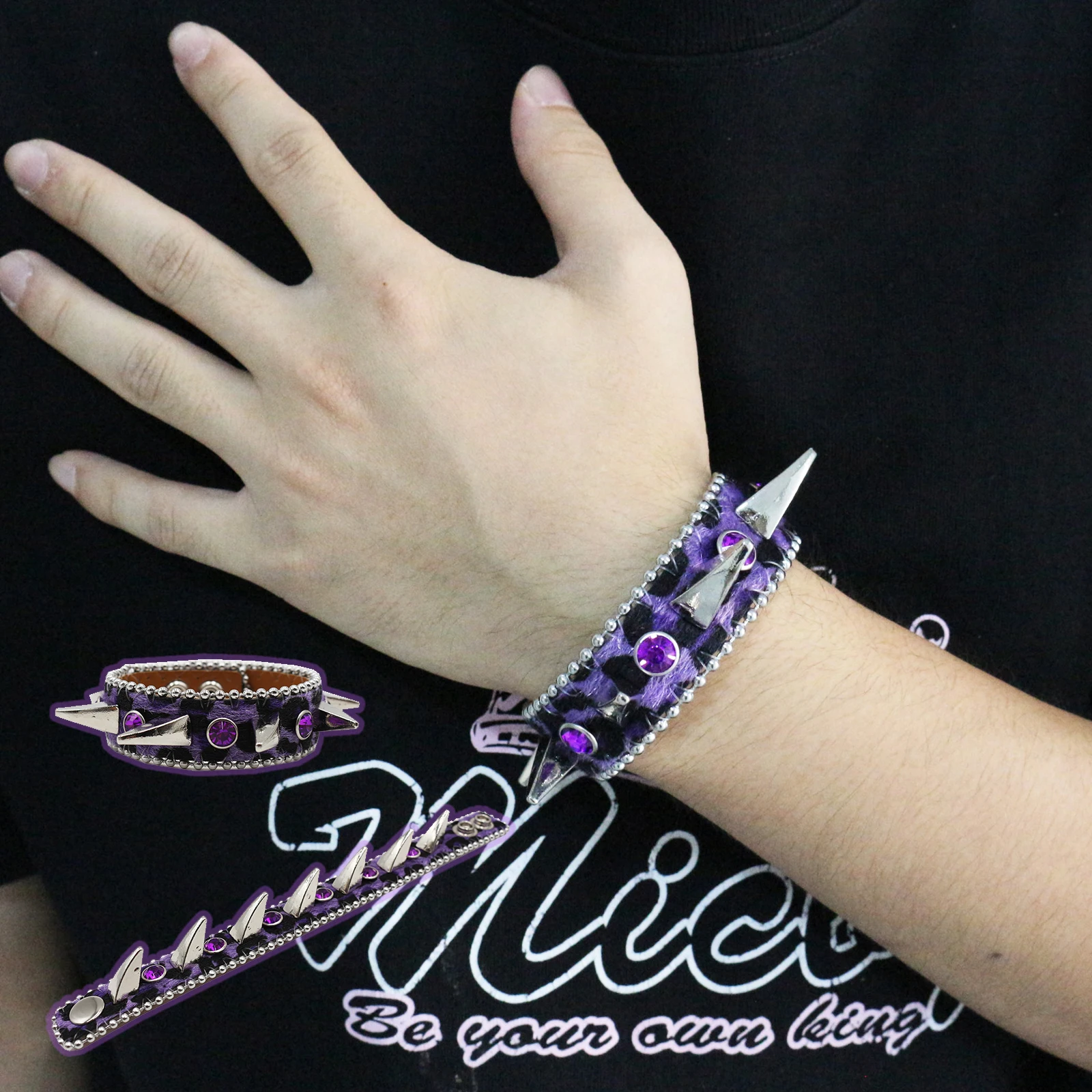 Bracciale Regolabile In Pelle Con Strass E Teschio, Stile Punk, Per Uomo E Donna, Colori Assortiti, Chiusura A Bottone