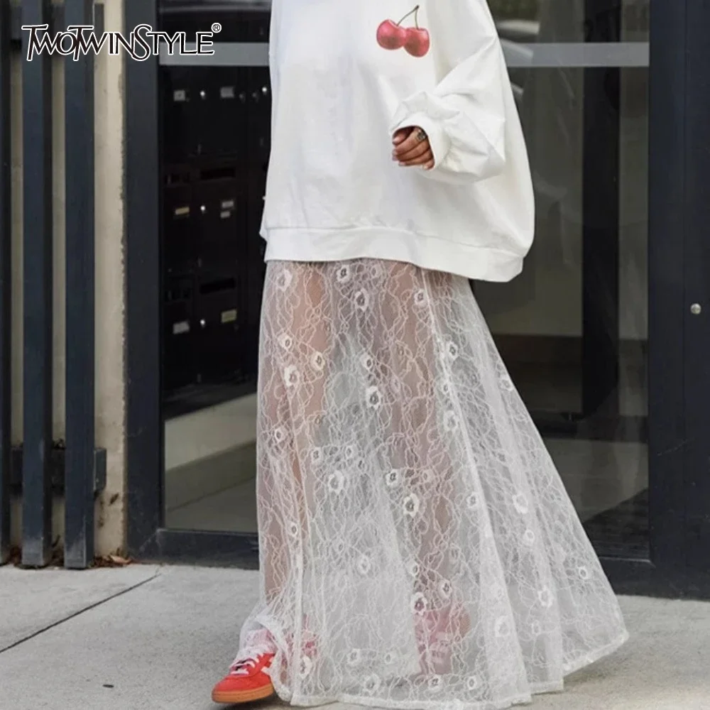 TWOTWINSTYLE Solid Lace Skirts for Women High Waist