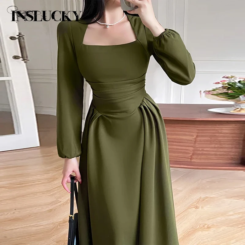 

InsLucky-Autumn Women's Puff Sleeve Corset Green Midi Dress,Folds High Waist Bodycon,Casual Elegant,Evening Party,Long Dresses