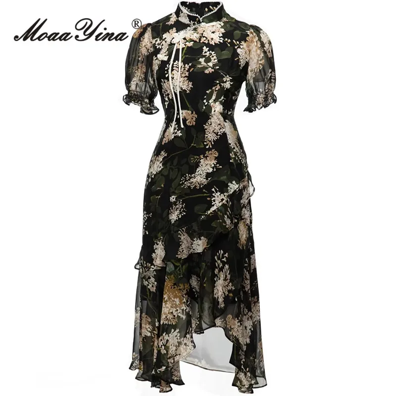 

MoaaYina Fashion Designer dress Summer Women Dress Black Elegant Mandarin Collar Floral Print Flounces Asymmetrical Dress