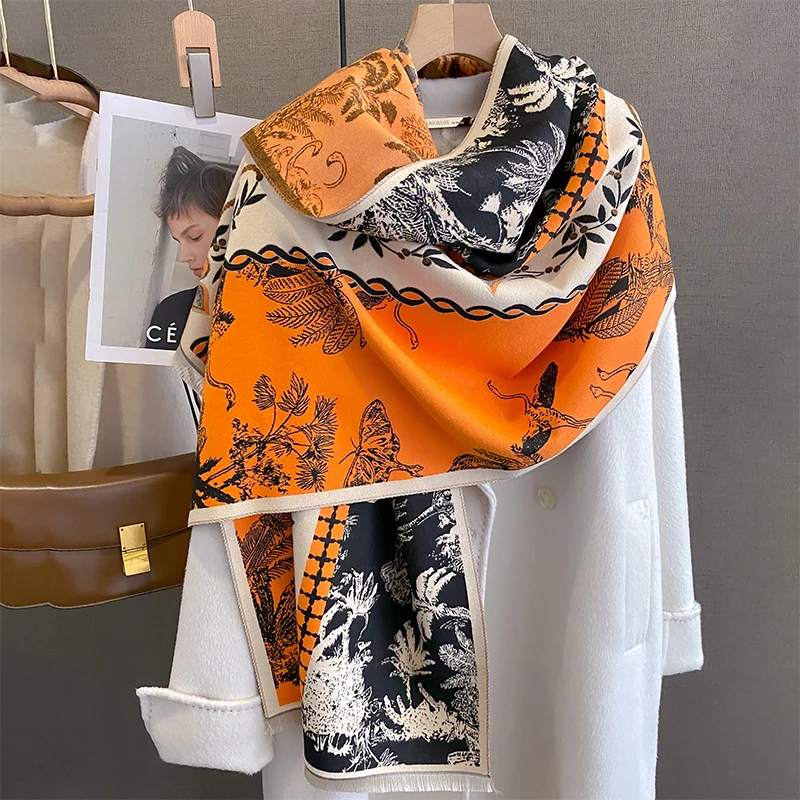 

Warm Winter Travel Cashmere Blanket Women Scarf 2023 Thick Pashmina Poncho Luxury Floral Print Shawl and Wraps Stoles Echarpe