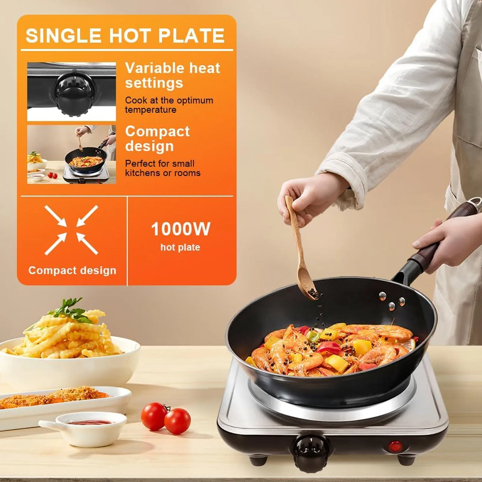 1000W Electric Countertop Single Burner 5 Level Temperature Control Hot Plate for Cooking Stainless Steel Base 220V 4