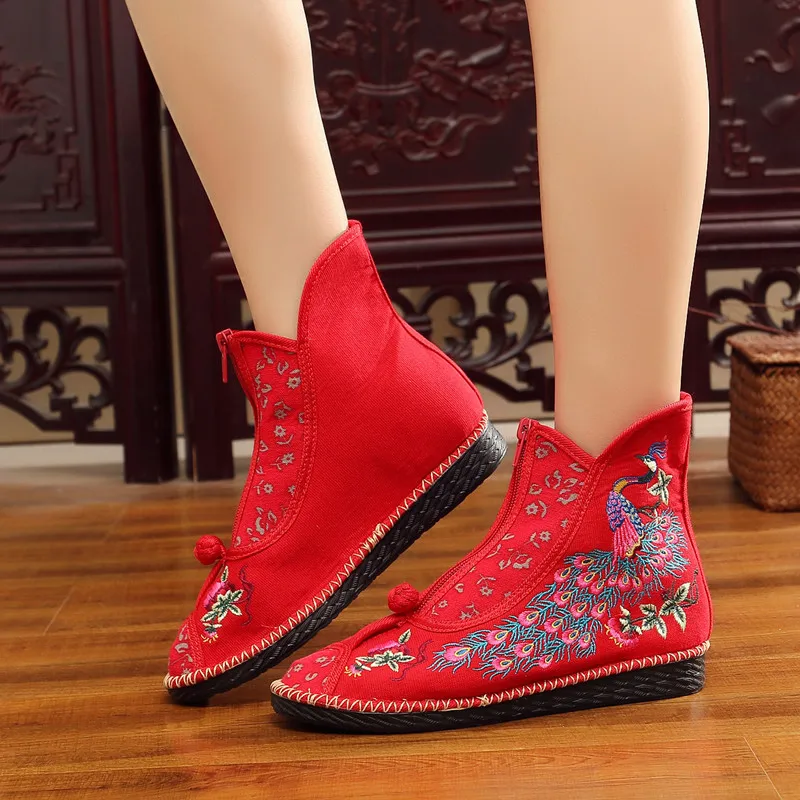 

Plussize Womens Boots Fashion Ethnic Style Embroidered Short Boots Women Hightop Shoes Female Antiquity Dance Flat Boot Red Blue