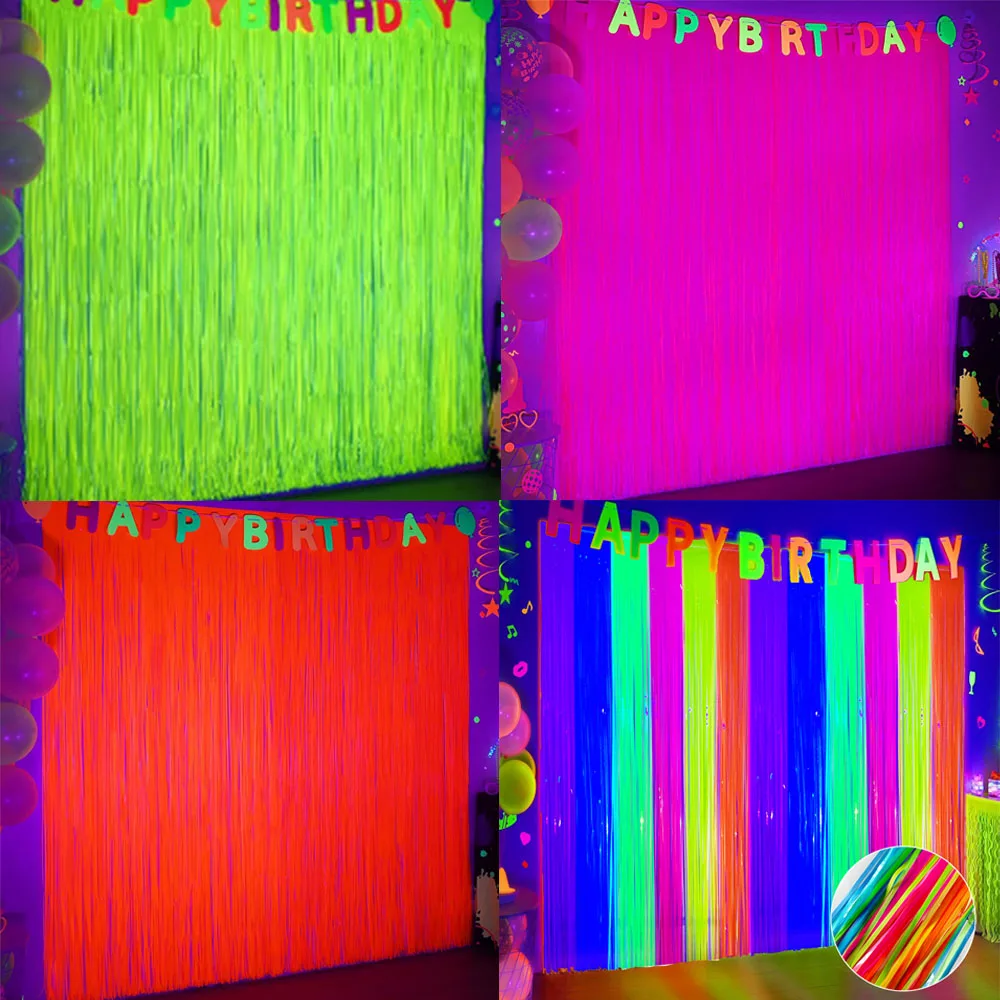 80er 90er Jahre Neon Thema Party Dekor Macaron Lametta Folie Fransen Vorhang Fluoreszierender Hintergrund Hängedekoration Geburtstag Party Dekor