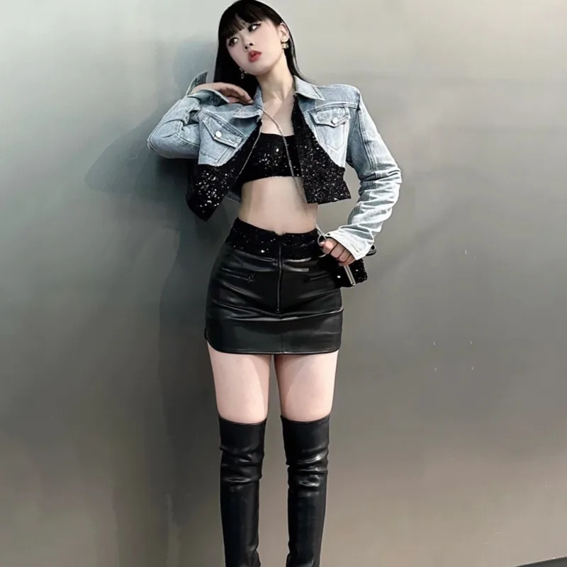 

2023 Fashion Women's Denim Coat New Slim ContractSequins Ultrashort Female Streetwear Autumn 2023 Pocket Loose Long Sleeve