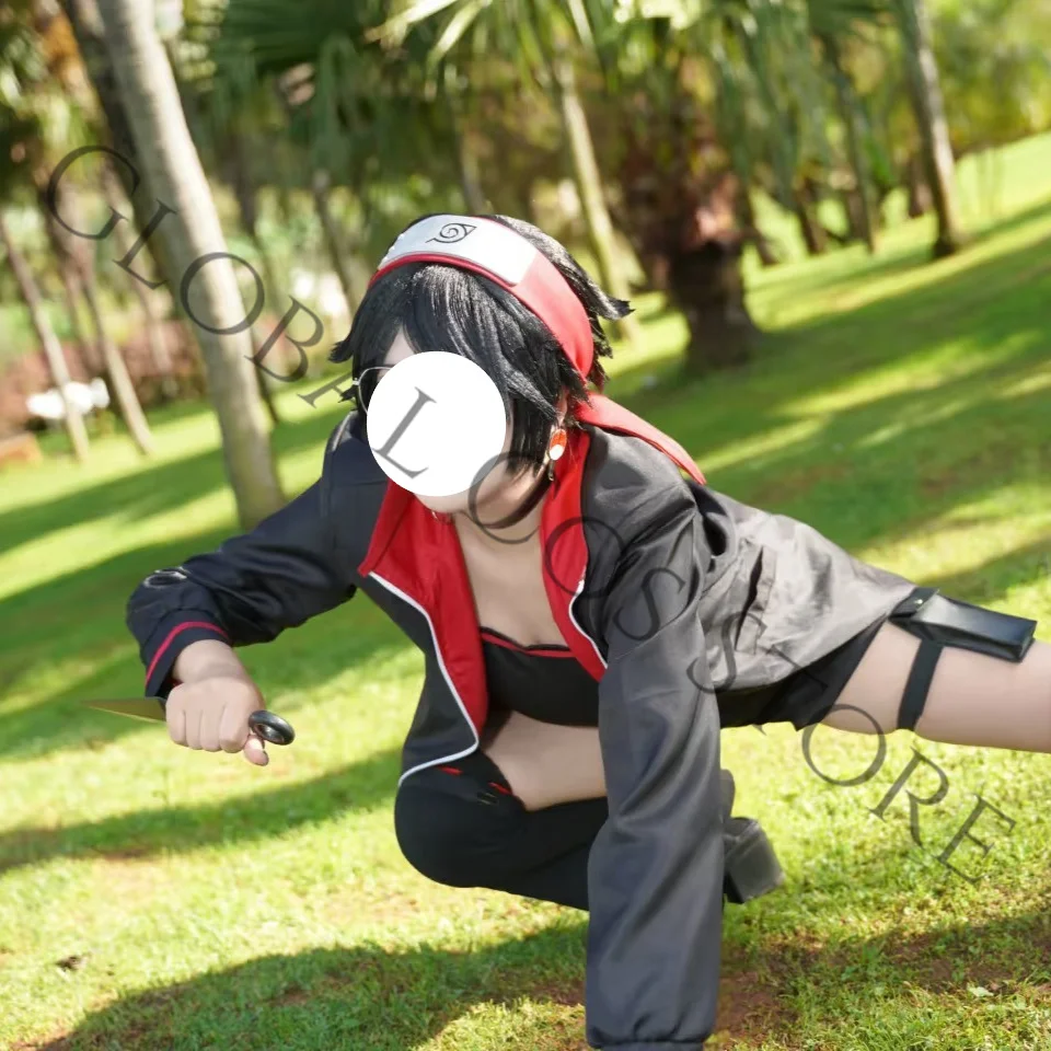 Costume Cosplay del Personaggio Anime Uchiha Sarada, Top Nero, Cintura Rossa e Set di Accessori con Choker, Abito da Combattimento per Comic Con - immagine 3