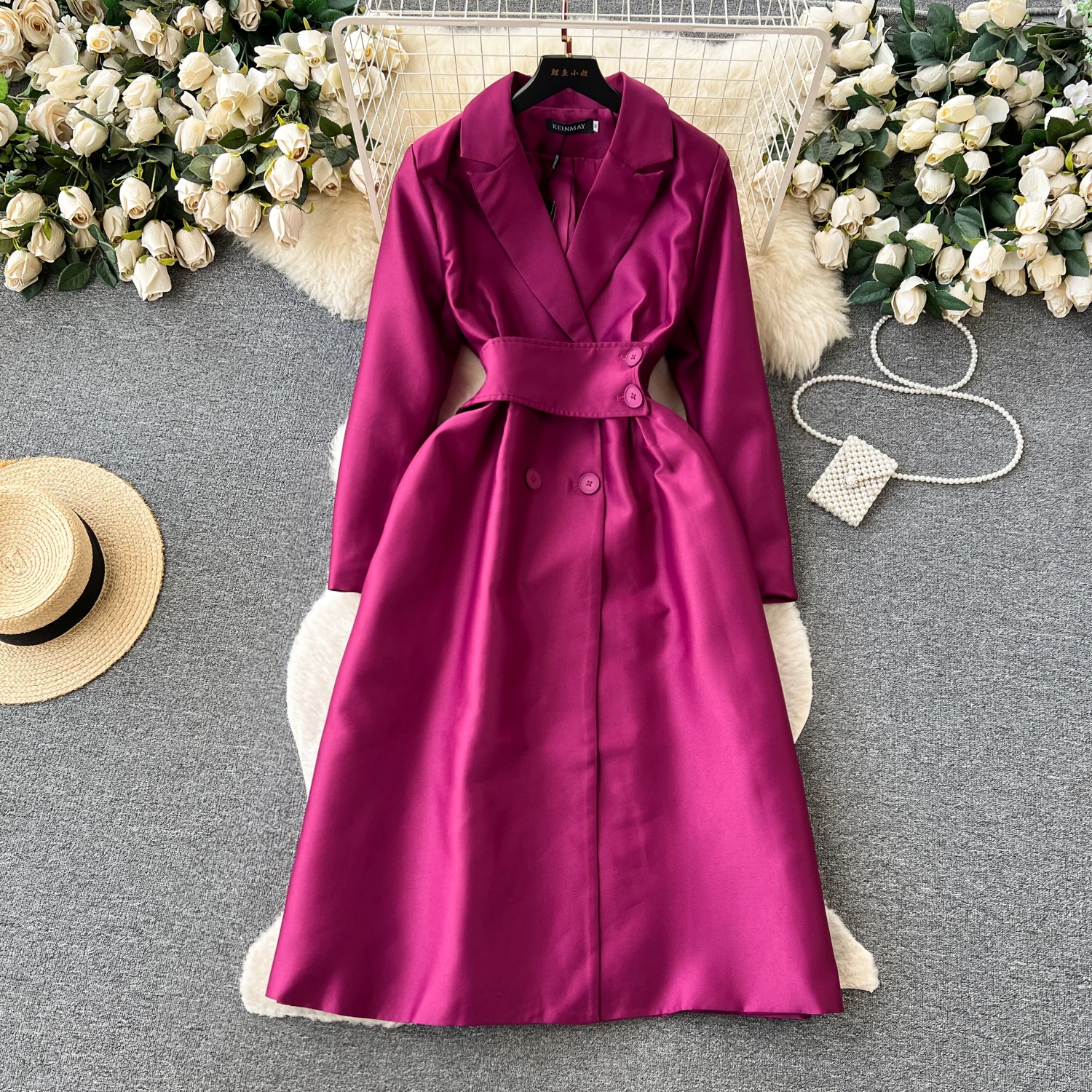 

VANOVICH French Style Notched Loose A-line Dress Female Autumn and Winter New Temperament Fashion Slim Waist Elegant Long Dress