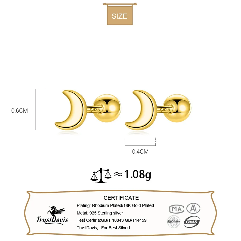 Trustdavis-pendientes minimalistas de Plata de Ley 925 con forma de Luna para mujer y niño, joyería fina S295, DA164