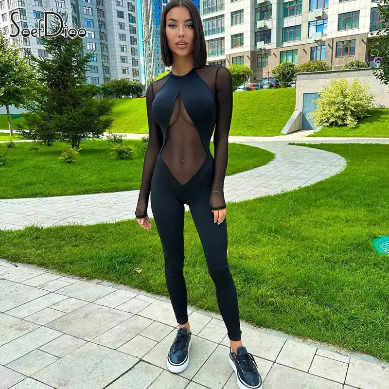 

Soefdioo Mesh Patchwork Sexy See Through O-Neck Long Sleeve Slim Jumpsuits Women Autumn 2023 Fashion Sporty One Piece Rompers