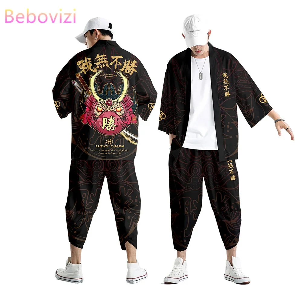 Two-piece Suit Plus Size S-6XL Loose Japanese Cardigan Women Men Cosplay Yukata Clothing Harajuku Samurai Kimono + Pants Sets