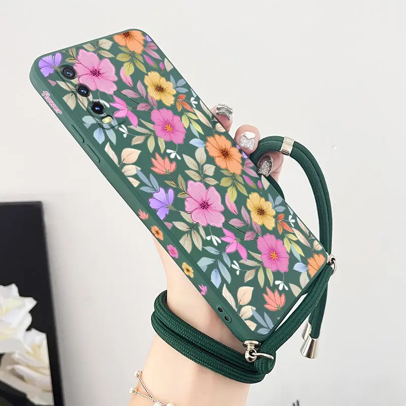Purple Flowers Lanyard Silicone Phone Case Cover