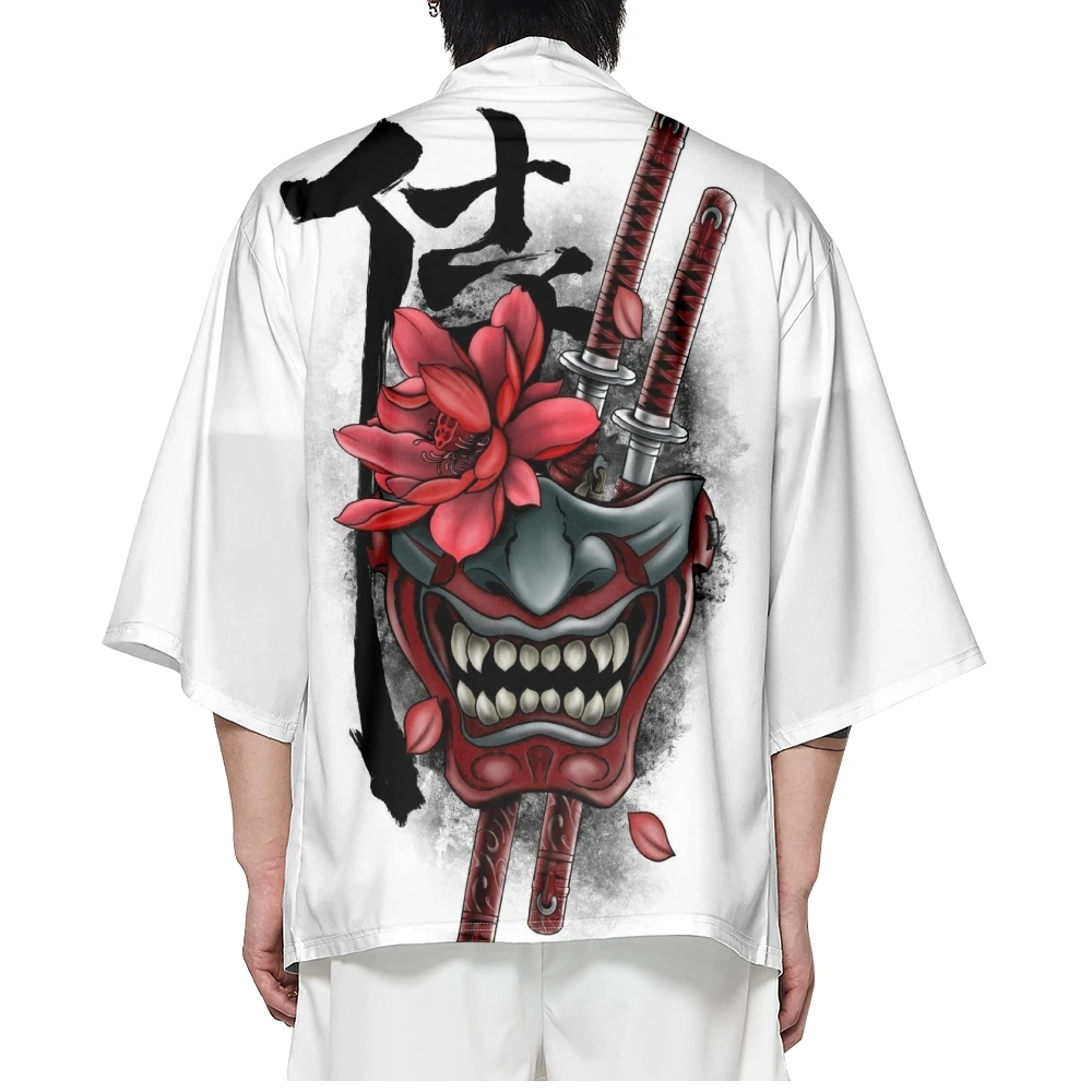 

Japanese Style Samurai Kimono Streetwear Men Women White Demon Print Cardigan Harajuku Anime Robe Clothes