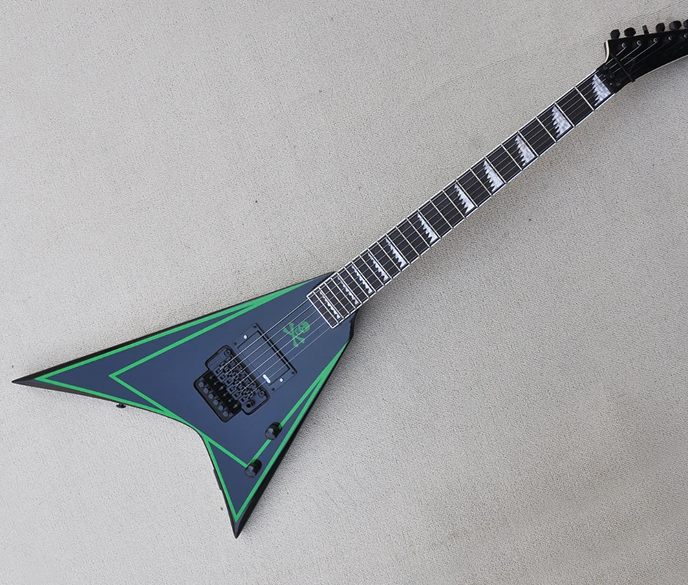 6 Strings Black V Electric Guitar with Green Stripe,Tremolo Bar