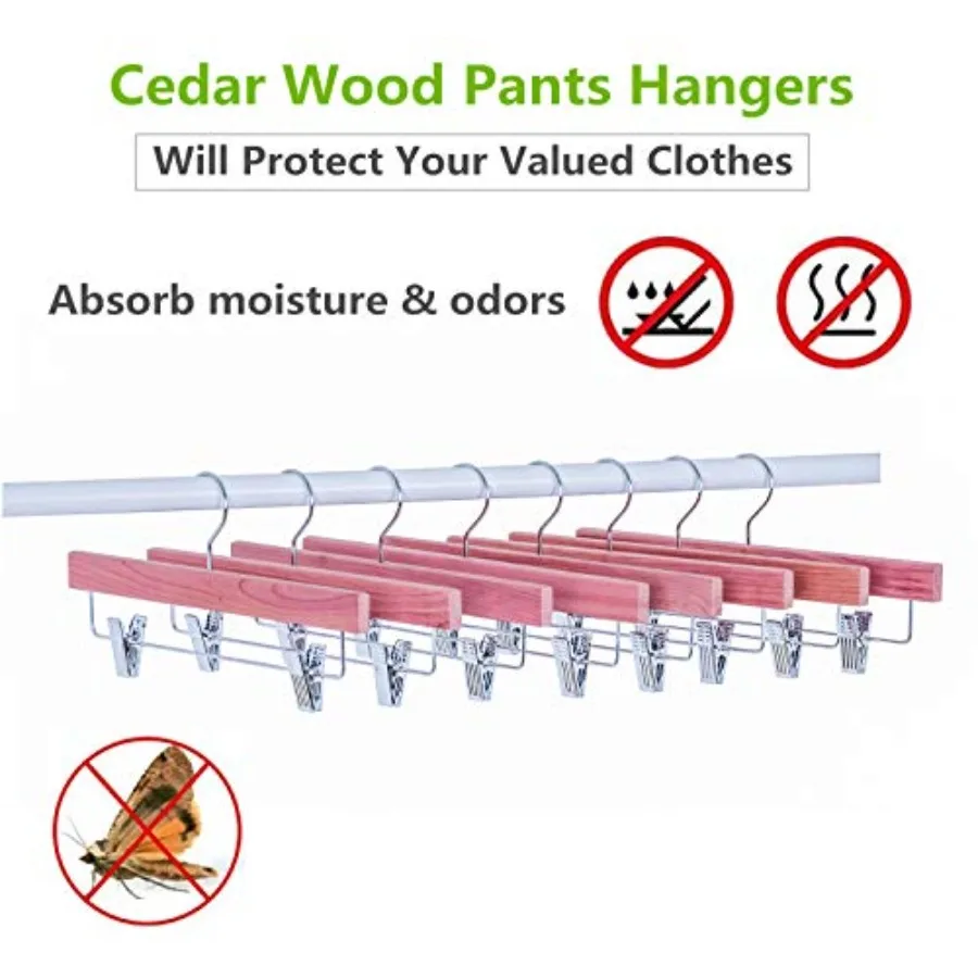 12 Pack Natural American Red Cedar Wooden Pants Hangers with 2Adjustable Clips for Trousers Jeans Shorts and Skirts Durable Bot