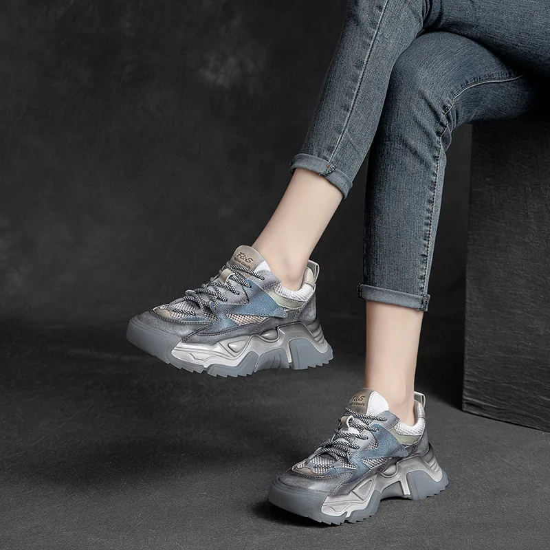 5cm Air Mesh Genuine Leather Flats Women Platform Wedge Summer Fashion Loafer Chunky Sneakers Mixed Color Comfy Shoes Vulcanize 4